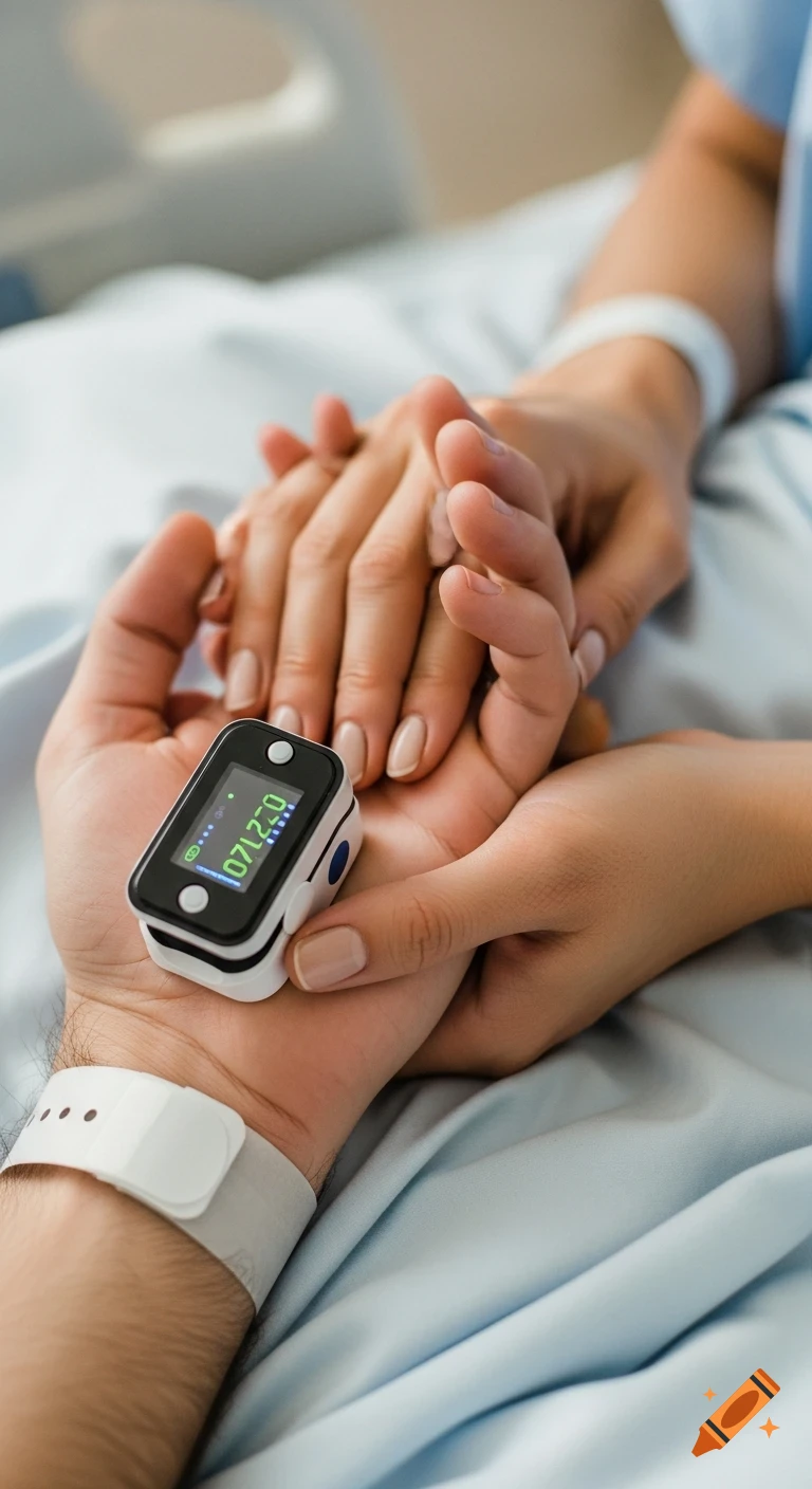 Close-up of a male patient's hand with a pulse oximeter holding a female partner's hand on a hospital bed, photorealistic style.