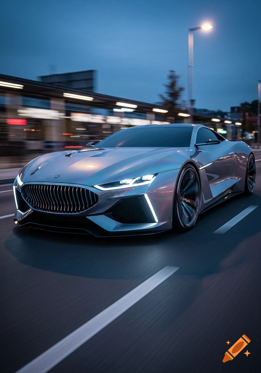 A sleek, silver concept sports car with glowing LED lights drives on a city street at dusk, with motion blur.