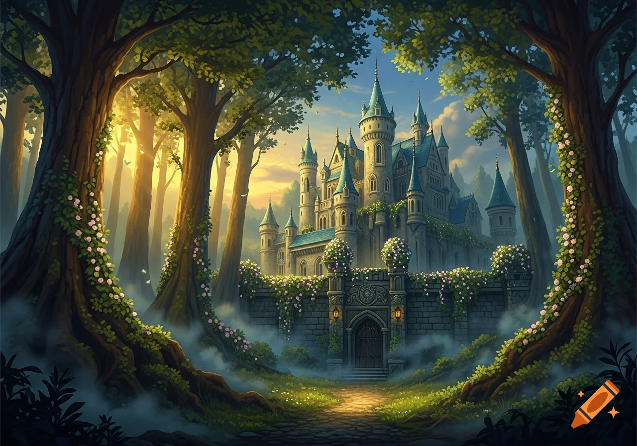 A majestic fantasy castle with blue turrets, framed by ancient trees with pink flowers and mist, under a golden sunset.