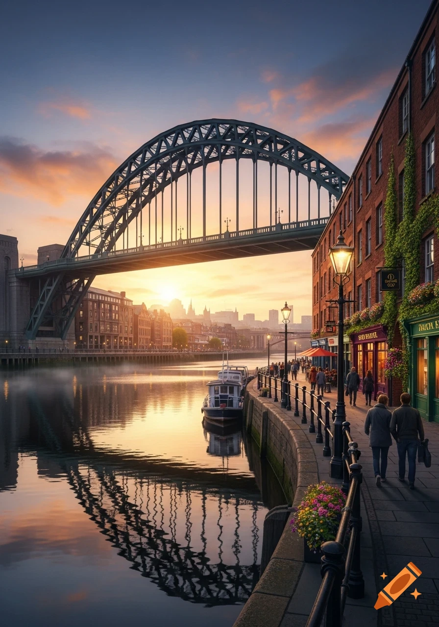 A photorealistic depiction of the Tyne Bridge spanning a river at sunset, with a bustling quayside street and boats below.