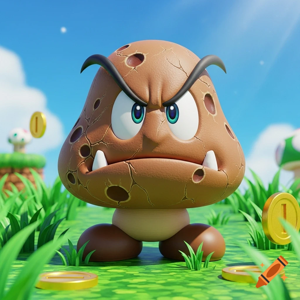 A detailed 3D rendering of an angry brown Goomba character with pockmarks and fangs, standing in a vibrant green grassy field with golden coins and mushrooms under a bright blue sky.