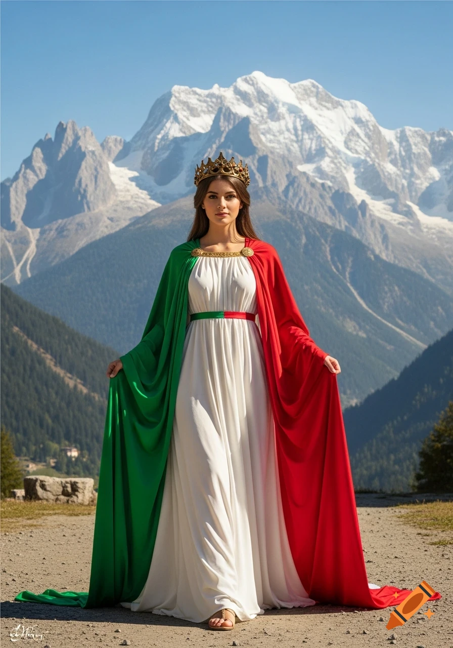 A woman allegorically representing Italy stands in front of the Italian Alps, wearing a white dress, a green and red cape, and a crown.