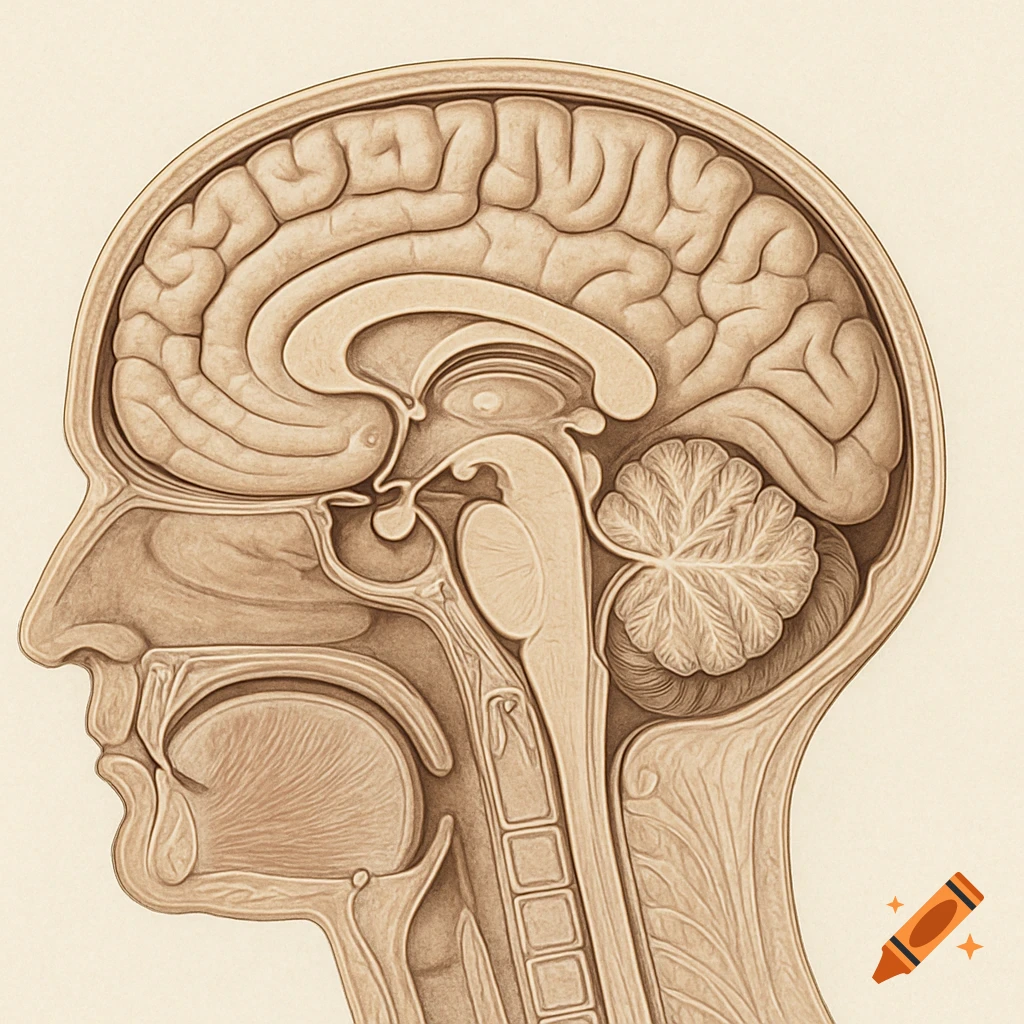A detailed sagittal view illustration of a human head, showing the brain, cerebellum, and internal structures of the face and neck in a beige tone.
