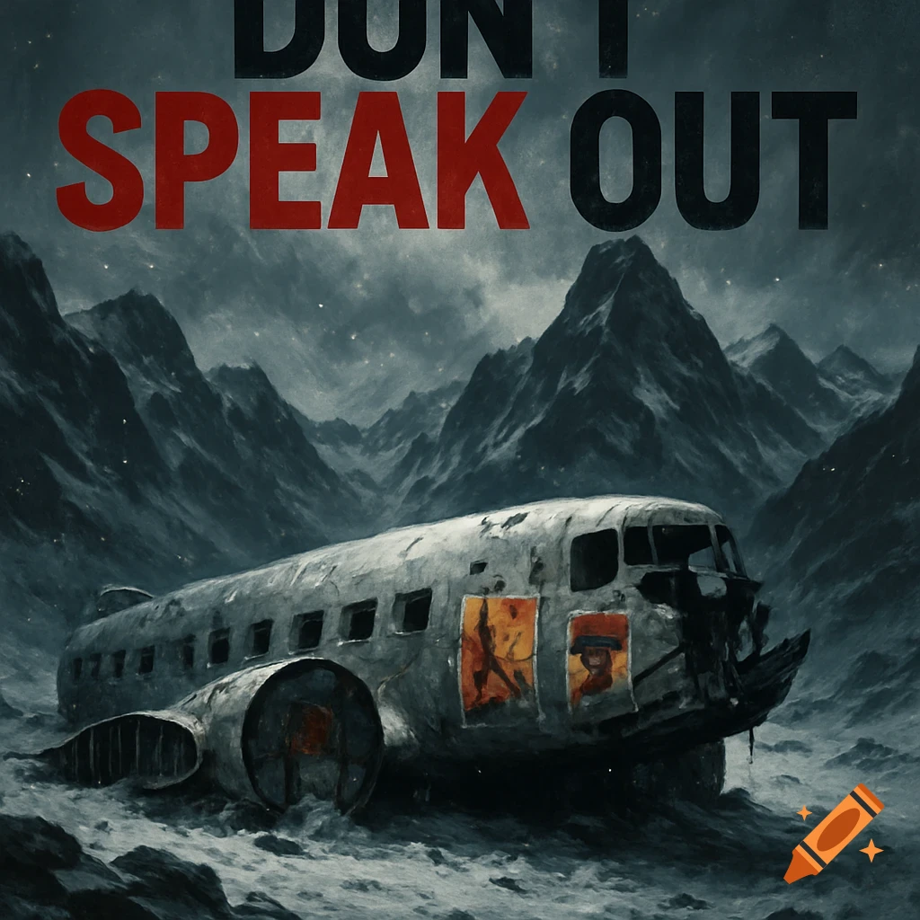 A crashed plane in desolate, snowy mountains under a dark sky, with large text 'DON'T SPEAK OUT' above.
