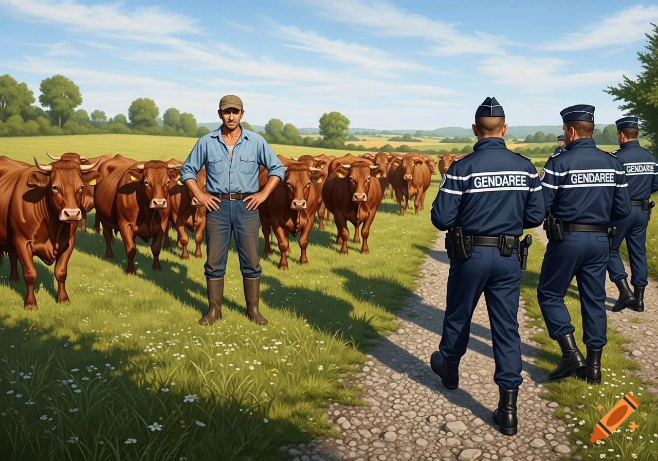 A farmer stands with his herd of brown cows, facing several gendarmes approaching on a dirt path in a sunny green field.