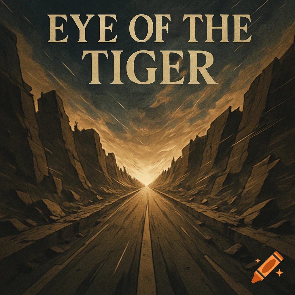 A dramatic, stylized view of an endless road through a canyon at sunset, with 'EYE OF THE TIGER' text in the sky.