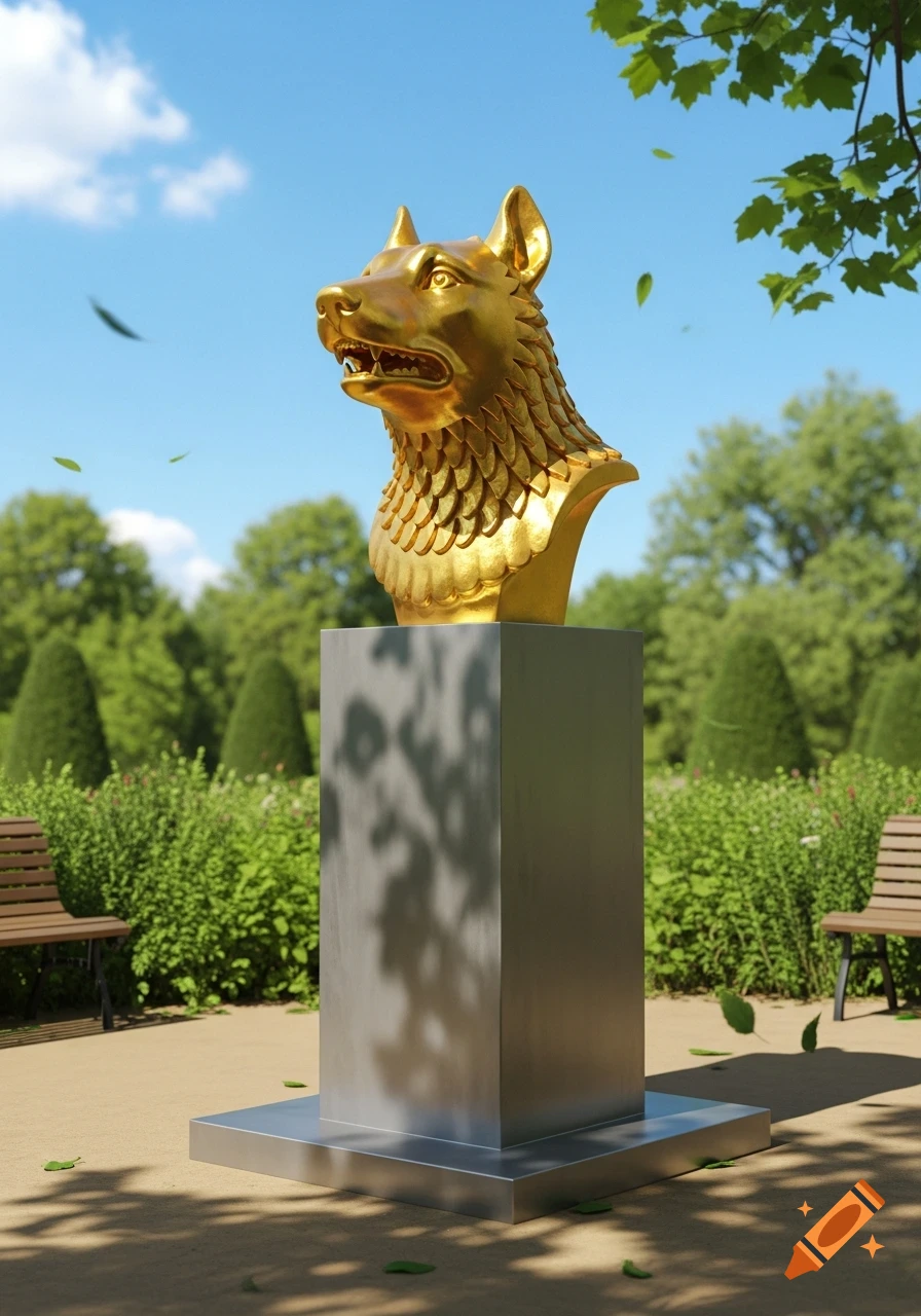A photorealistic golden wolf head bust statue sits on a silver pedestal in a sunny park with trees, bushes, and scattered leaves.