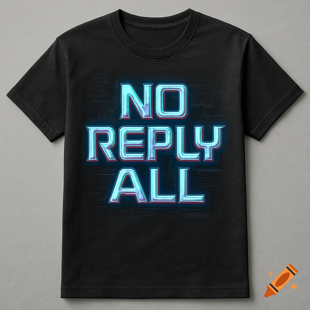 A black t-shirt with the words 'NO REPLY ALL' in a glowing blue and red futuristic font.