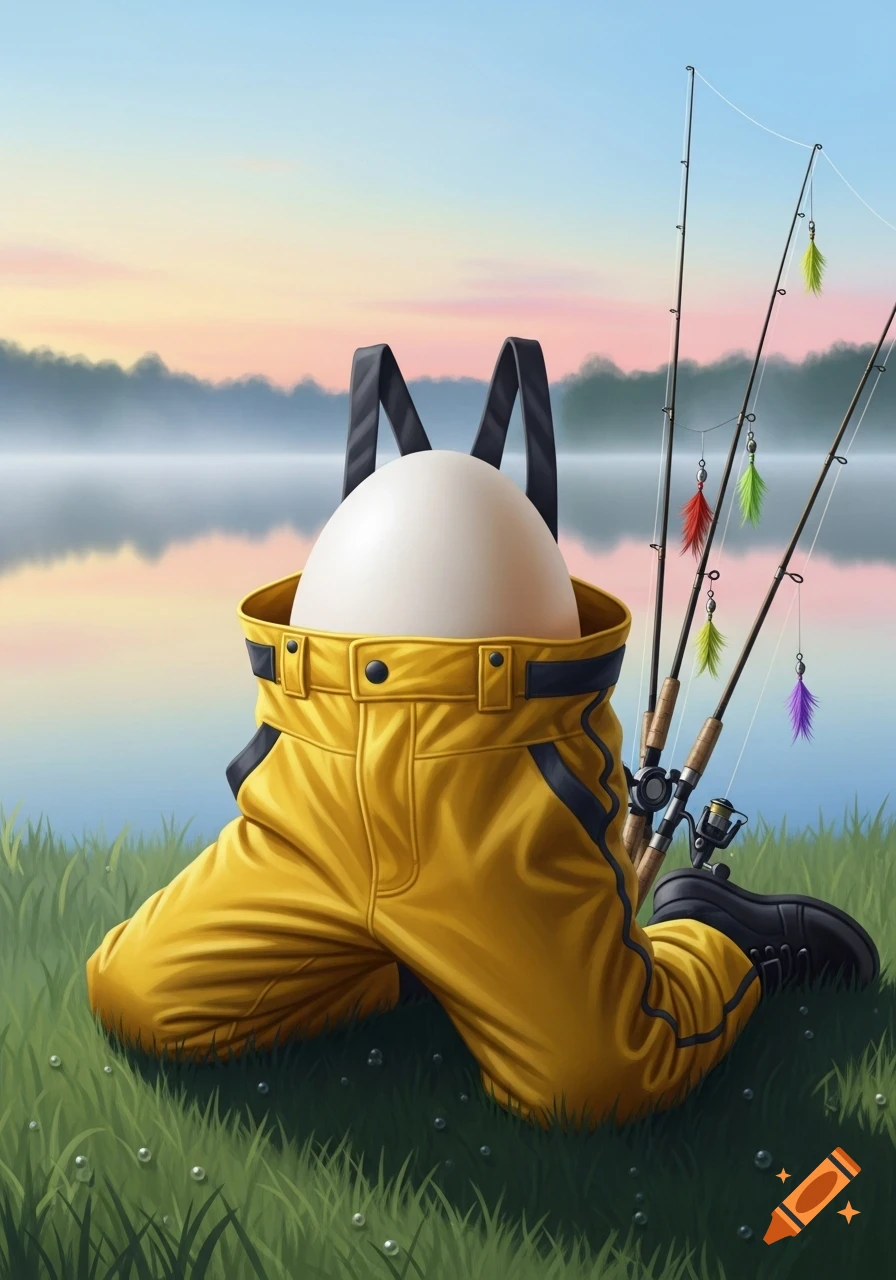 A large white egg wearing yellow fishing waders kneels on grass by a serene lake at sunset, with fishing rods beside it.