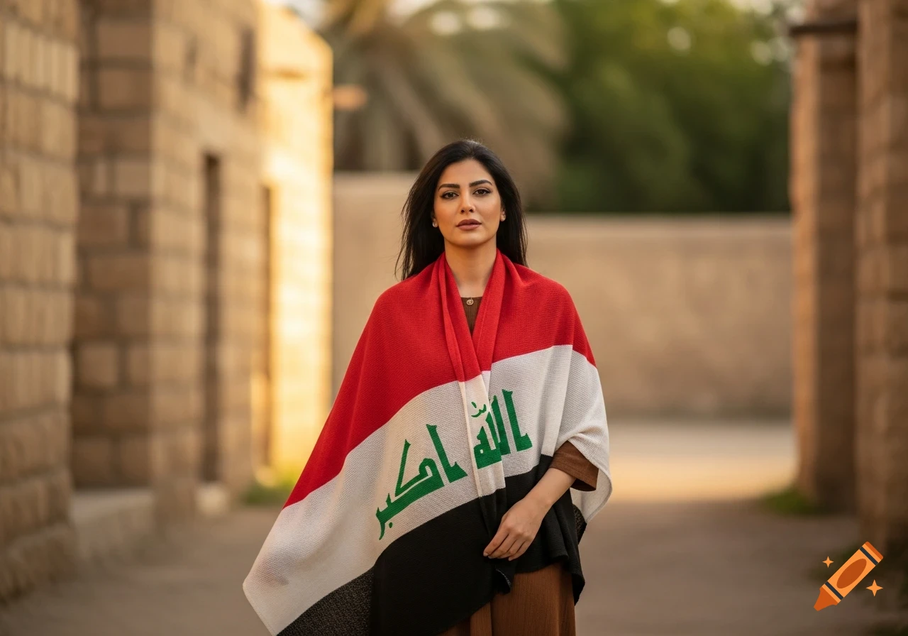 A woman draped in an Iraqi flag stands in an outdoor setting with old brick buildings in the background.