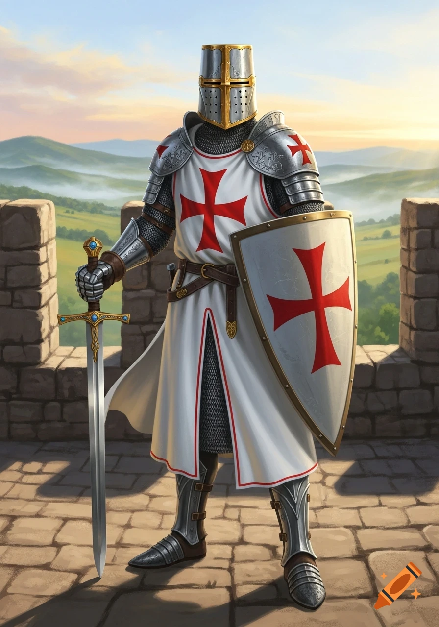 A Templar knight in full armor, with a red cross on his surcoat and shield, stands with a sword on a castle wall at sunset.