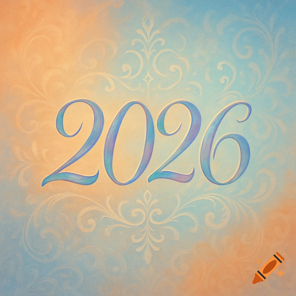 Stylized blue numerals '2026' on a soft, blended orange and blue background with subtle ornate patterns.