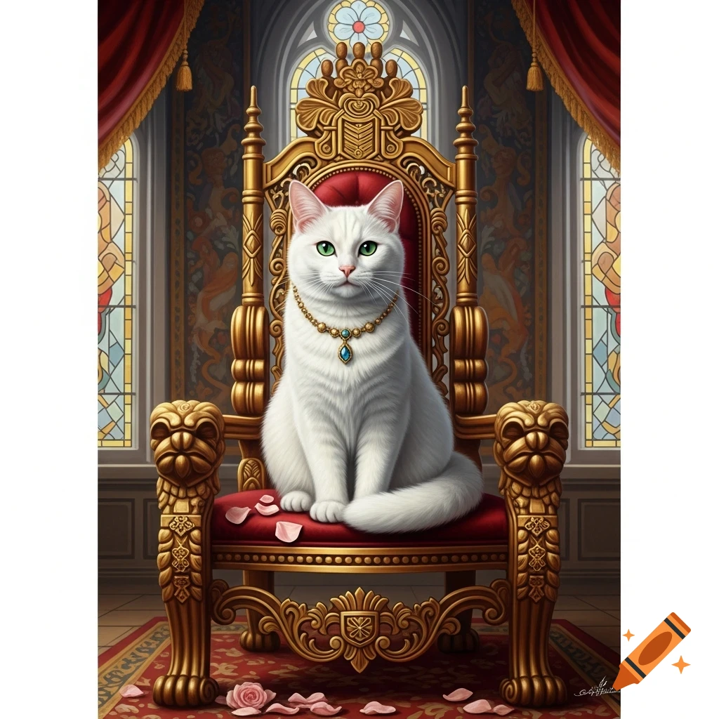 A regal white cat with green eyes sits on an ornate golden throne in a grand hall with stained glass windows.