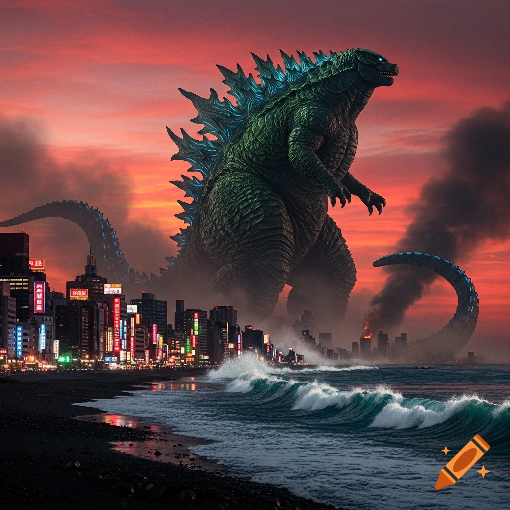 Giant Godzilla with glowing blue spikes rising from the ocean, towering over a brightly lit city skyline at sunset with red and orange clouds.