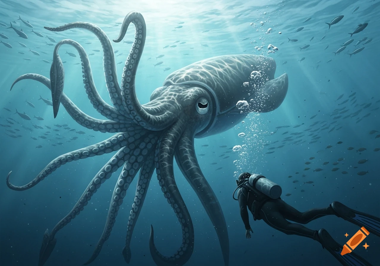 A diver observes a huge giant squid with multiple tentacles in a deep blue ocean, surrounded by schools of small fish.