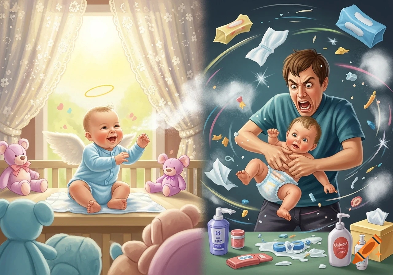 An illustration contrasting diaper changes: a happy baby with angel wings in a bright room versus a stressed father with a crying baby.
