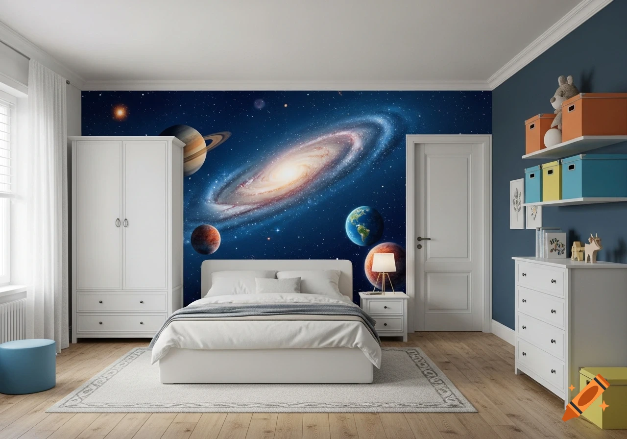 A child's bedroom featuring a blue wall mural of a galaxy and planets, a white bed, wardrobe, dresser, and shelves with colorful storage boxes.