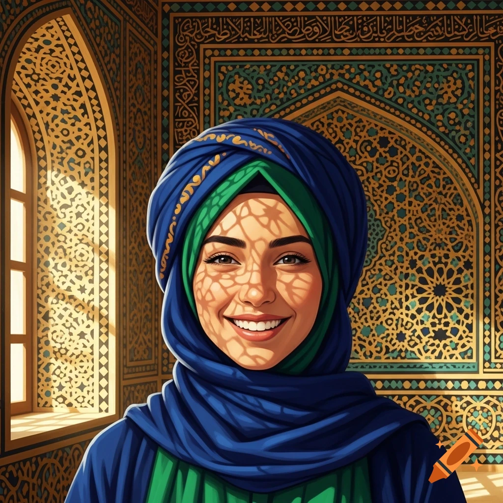 A smiling woman in a blue turban and green garment, with sunlit lace patterns on her face, in a room with intricate gold and teal Islamic architectural patterns.