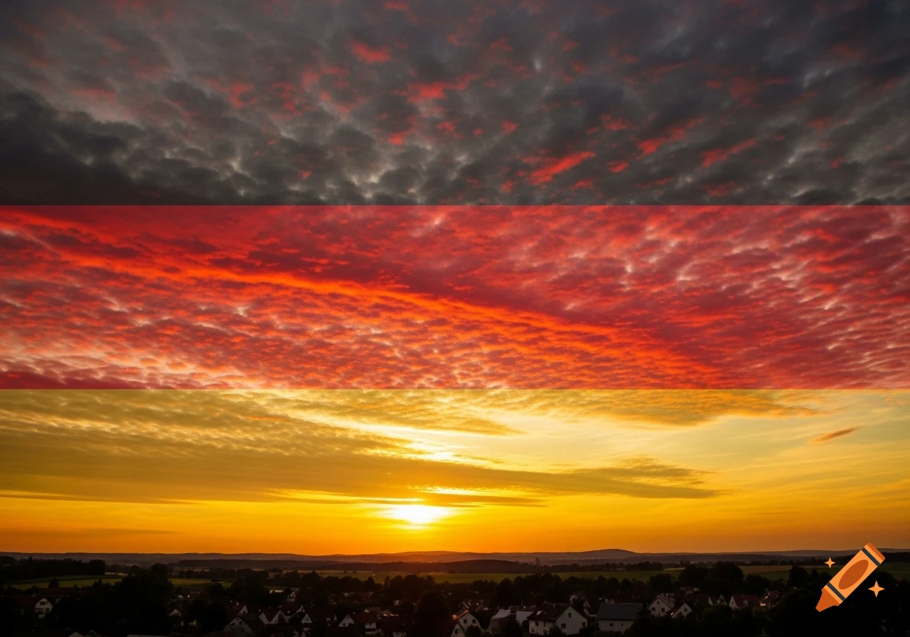 A vibrant sunset over a town, with the sky horizontally striped in dark grey, red, and golden yellow, resembling the German flag.