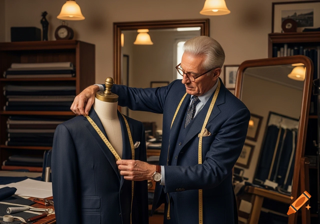 A senior tailor in a blue suit measures a dark blue suit on a mannequin with a yellow tape measure in a sophisticated workshop.
