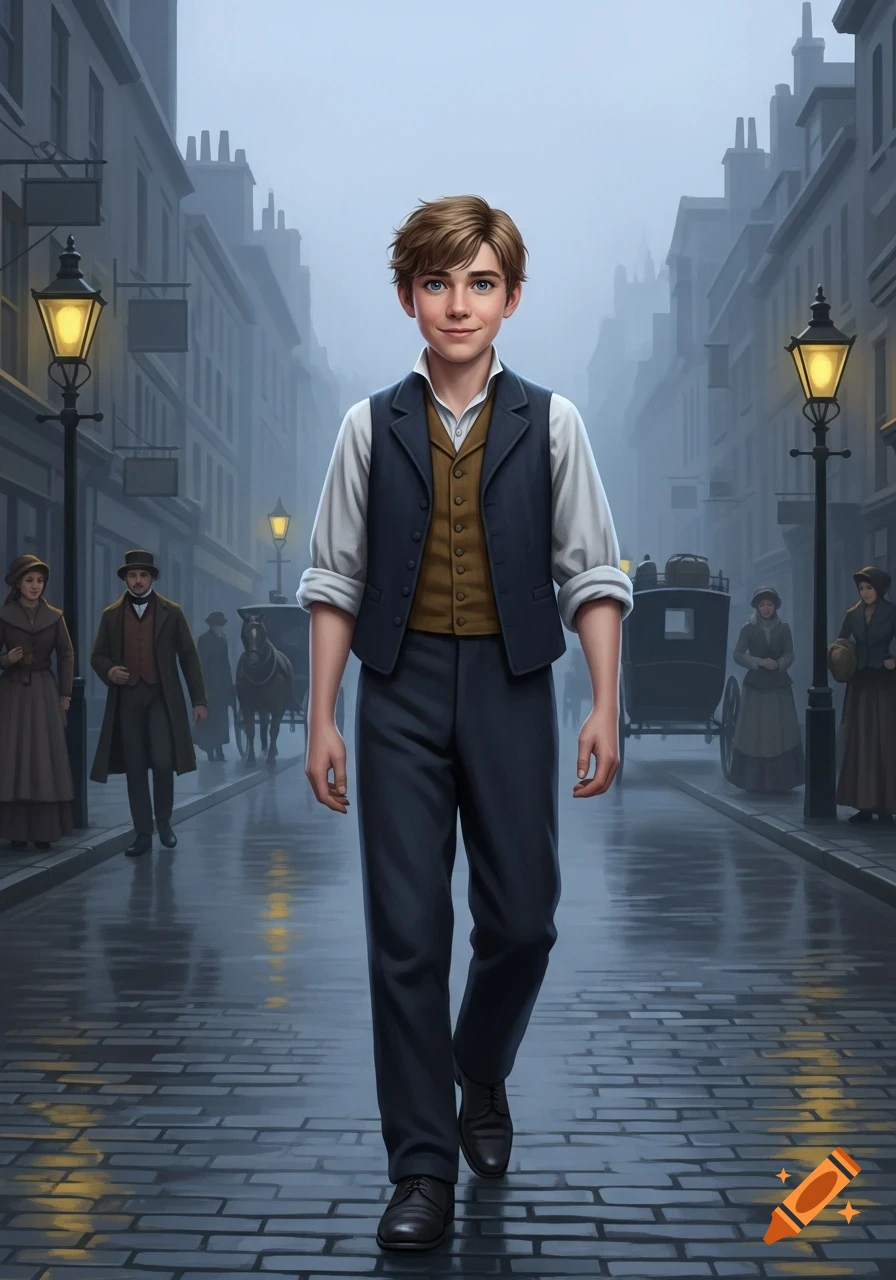 A smiling young boy in Victorian attire walks on a wet cobblestone street with lampposts and buildings in foggy weather.