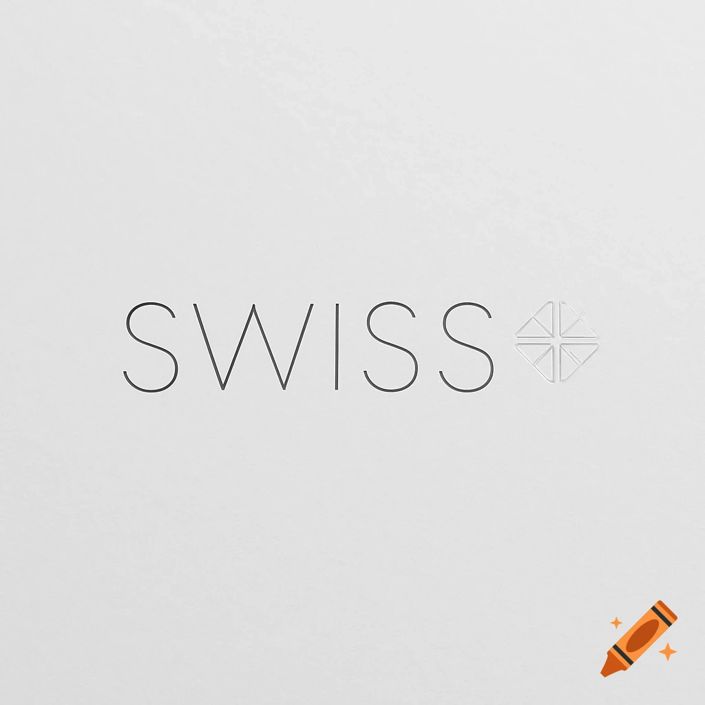 Minimalist 'SWISS' logo in thin sans-serif font with an embossed geometric cross on a white background.