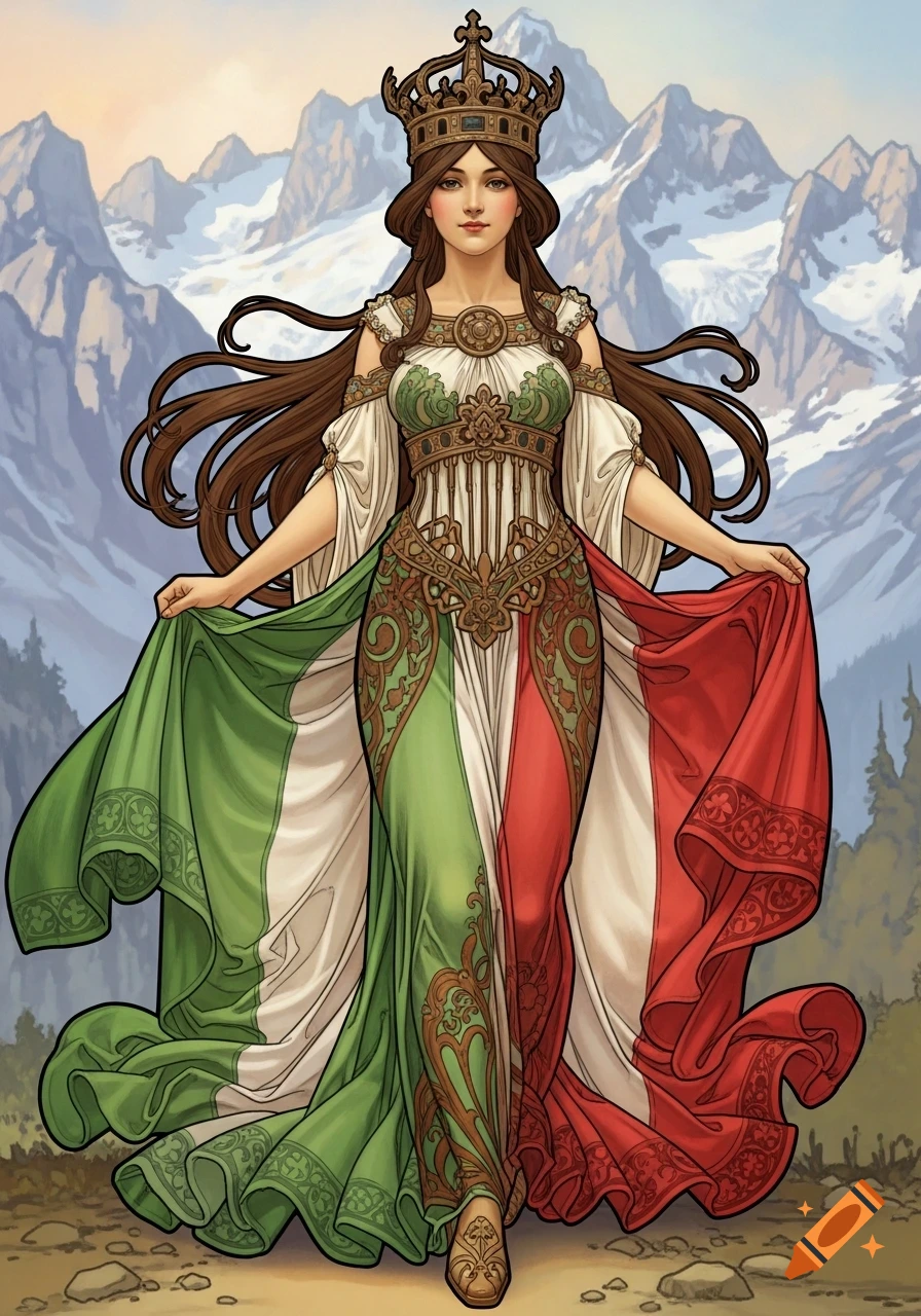 An Art Nouveau illustration of a woman personifying Italy in a tricolor dress and crown, against the Italian Alps.