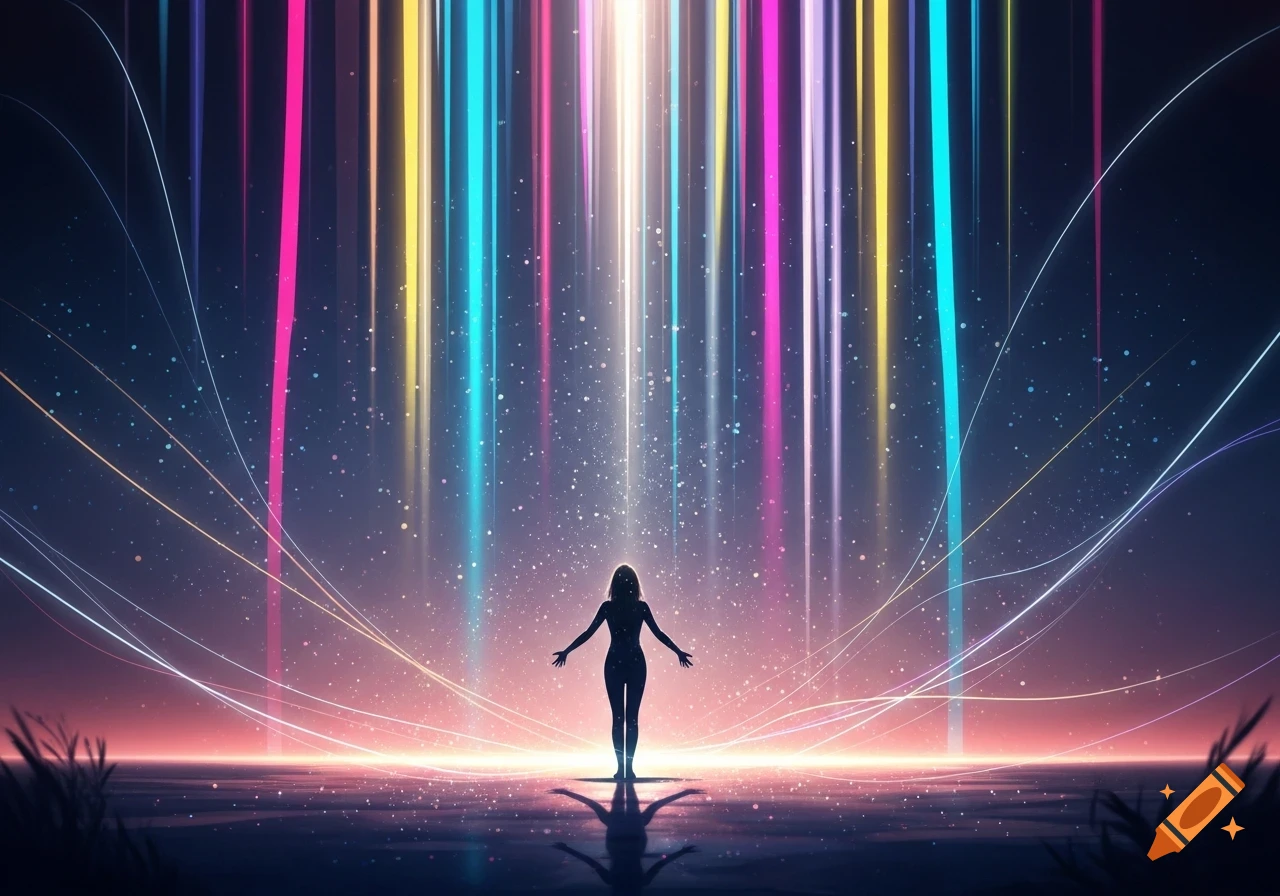 A silhouette of a person standing with outstretched arms under vibrant, colorful light beams descending from above, with light trails spreading across a reflective surface.
