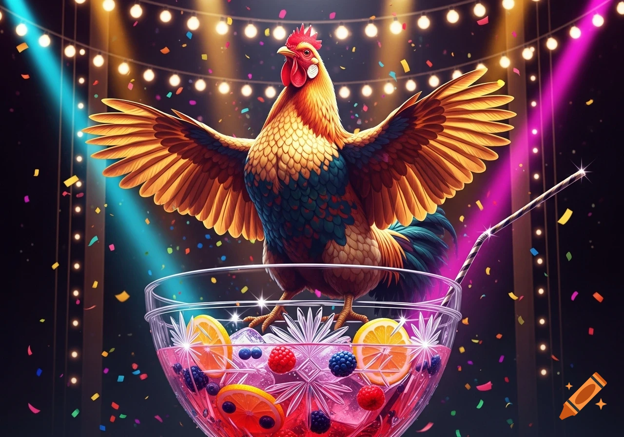 A colorful rooster stands with wings spread in a glass punch bowl filled with fruit and ice, under string lights and falling confetti at a party.