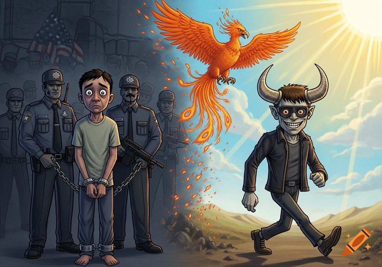 Political cartoon showing a shackled immigrant detained by police on a gloomy left side, contrasted with a horned 'criminal' walking freely with a phoenix under a sunny sky on the right.