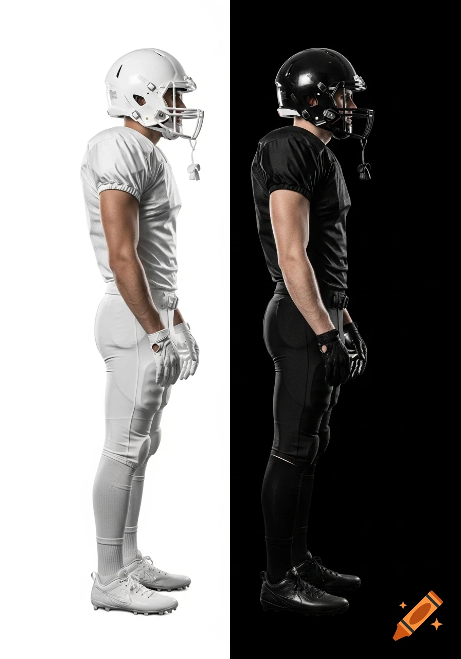 Two American football players, one in white and one in black uniform, stand side view against a split white and black background.