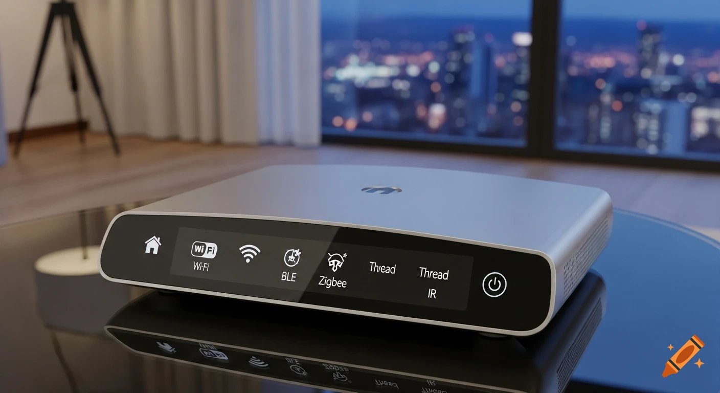 Photorealistic image of a smart home controller with a digital display showing connectivity options, on a glass table against a city skyline at night.