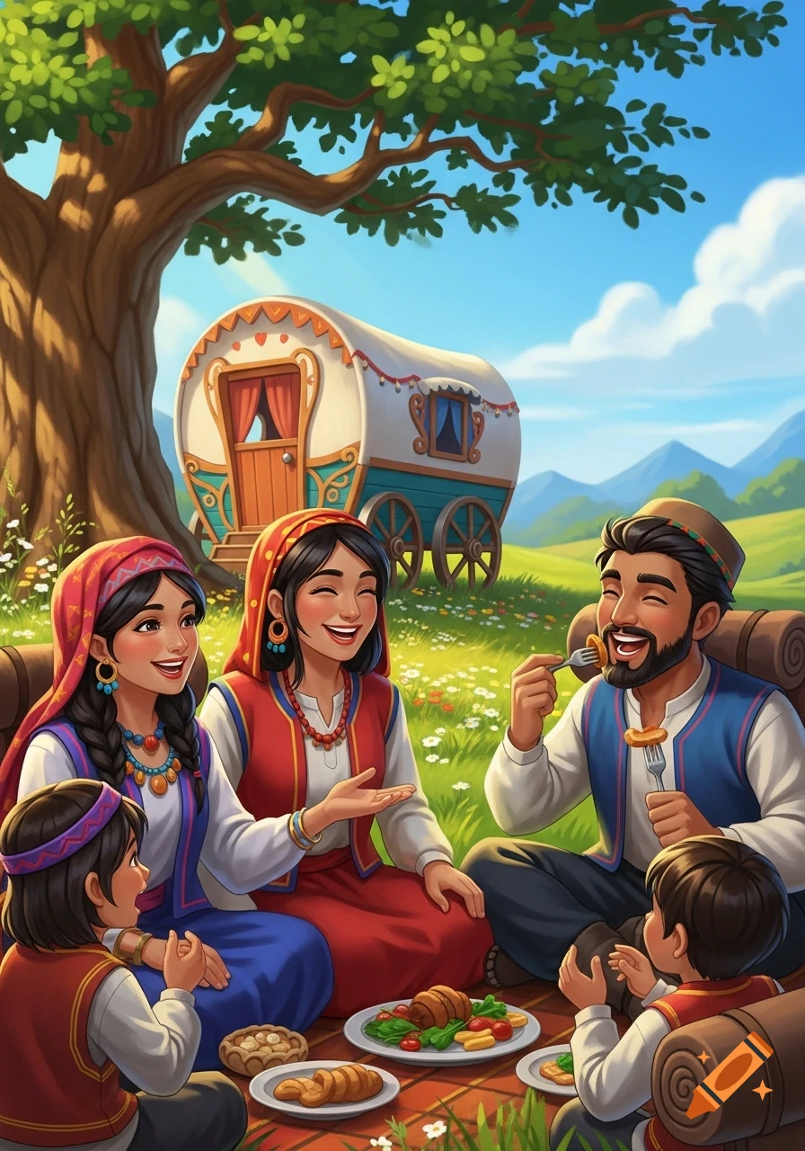 A smiling family of four enjoys a picnic in a sunny field with a colorful caravan and mountains in the background, in a vibrant illustration style.