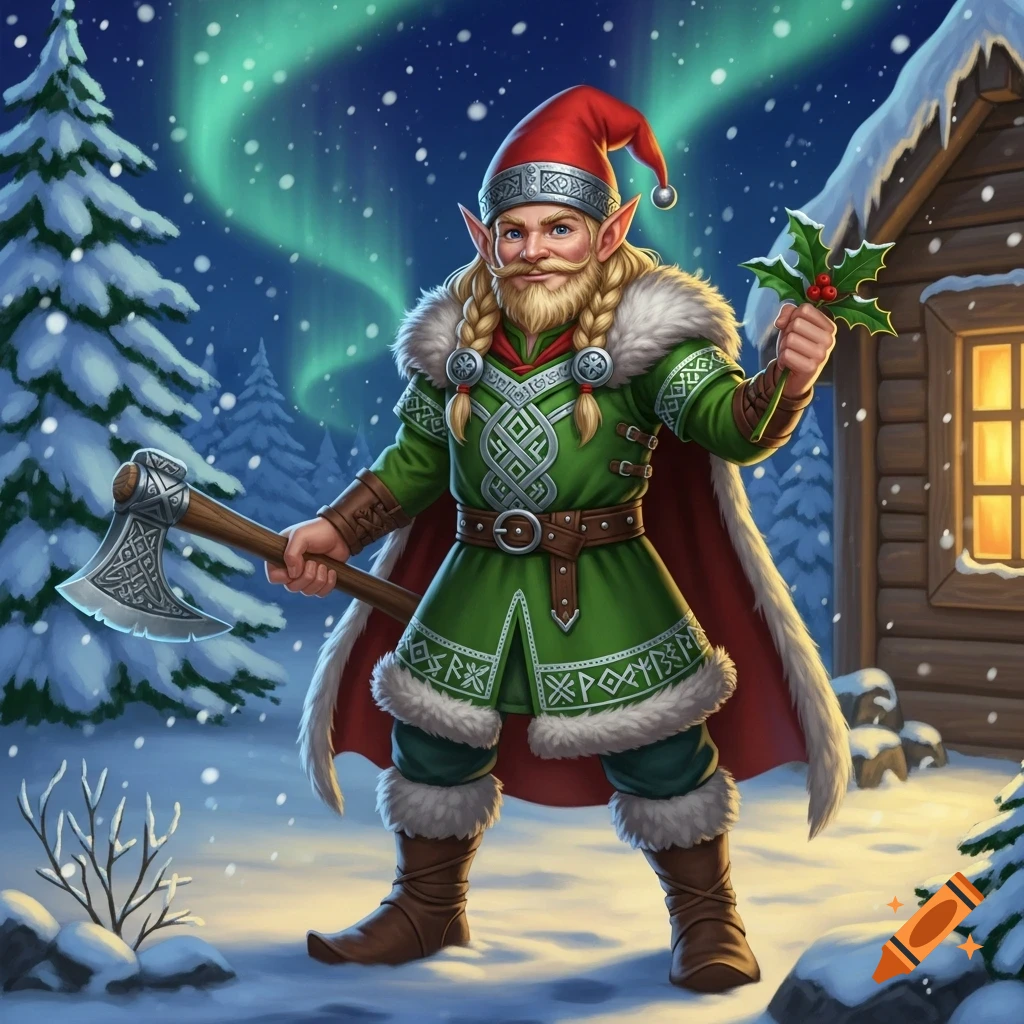 A festive Viking elf in a red Santa hat and green tunic, holding an axe and holly in a snowy forest with aurora borealis.