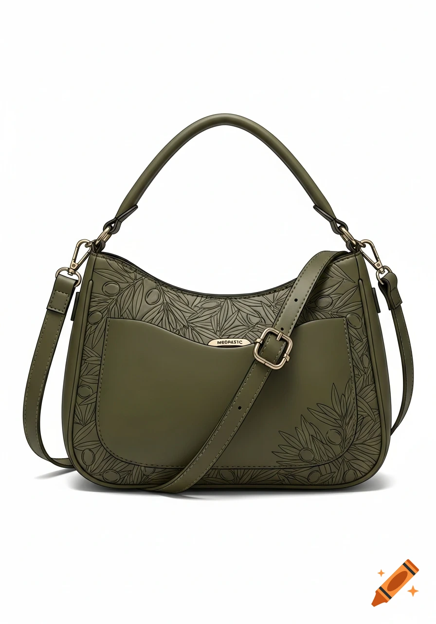 An olive-green vegan leather shoulder bag with an embossed olive leaf pattern, a front pocket, and a gold buckle on a white background.