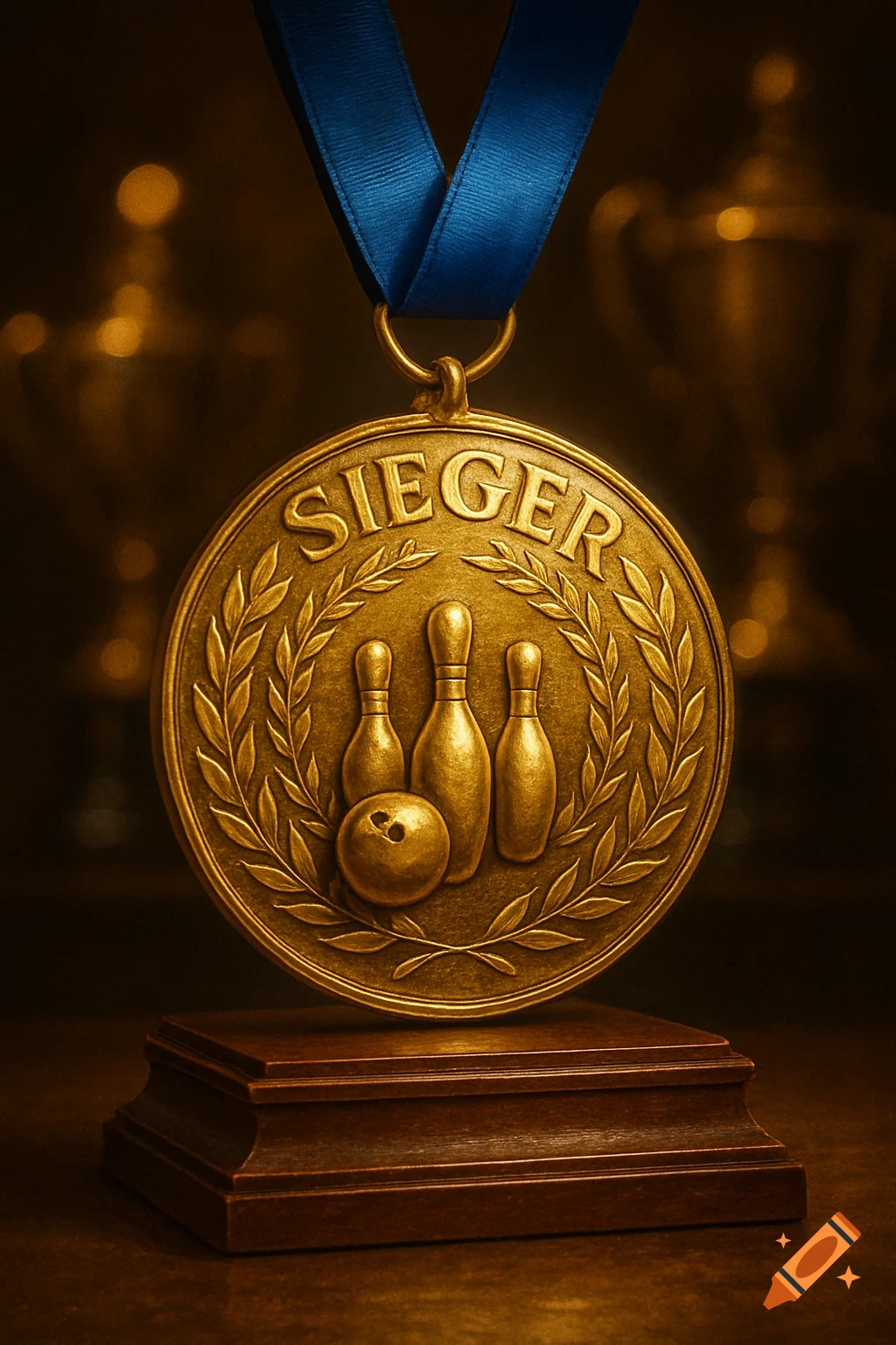 A gold medal with a blue ribbon, embossed with 'SIEGER' and bowling pins/ball, resting on a wooden stand.