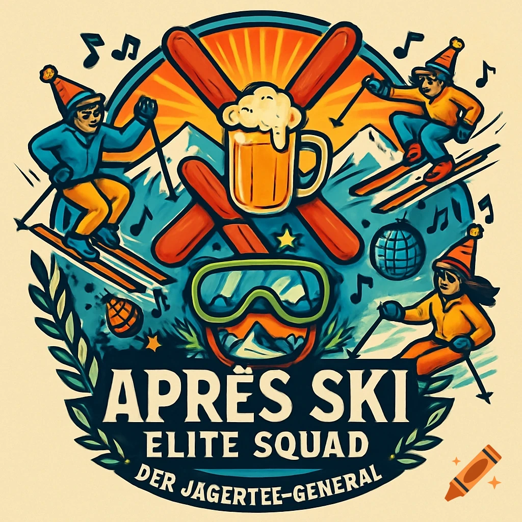 A colorful comic-style logo with skiers, mountains, crossed skis, a beer mug, ski goggles, and musical notes, framed by a wreath. Text reads "APRÈS SKI ELITE SQUAD DER JAGERTEE-GENERAL".