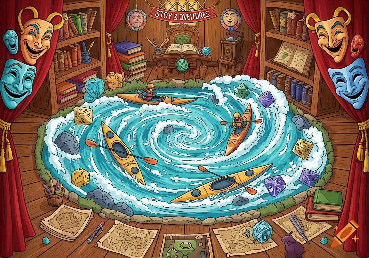 Cartoon illustration of a tabletop game setup with a swirling river for kayaking, large dice, bookshelves, and theater masks.