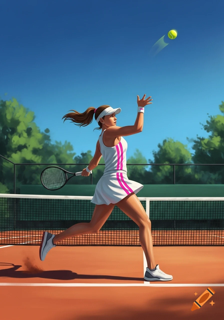 Stylized illustration of a female tennis player in a white and pink dress on a clay court, mid-swing at a tennis ball.