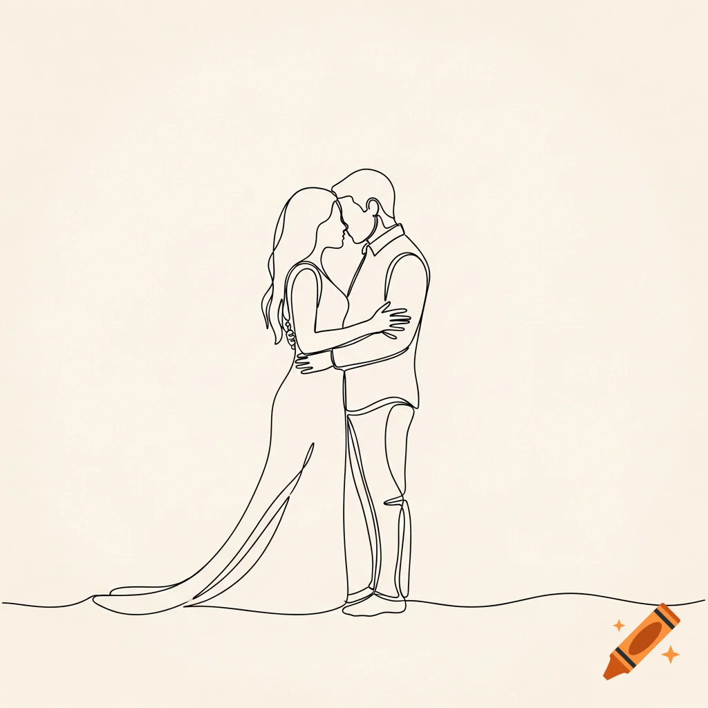 A continuous line drawing of a man and woman embracing.