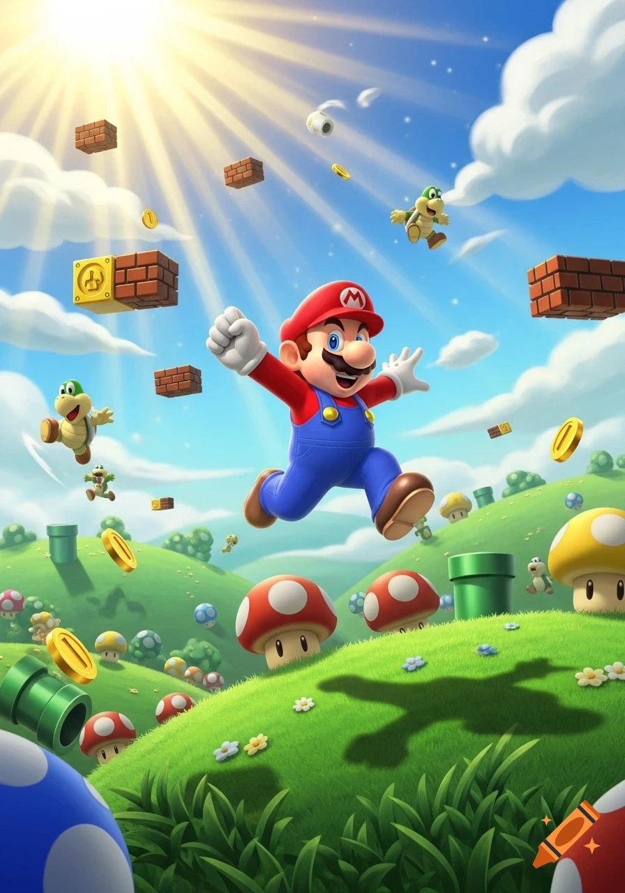 Super Mario jumps over green hills with coins, mushrooms, pipes, and Koopa Troopas under a bright sunny sky in a vibrant cartoon style.