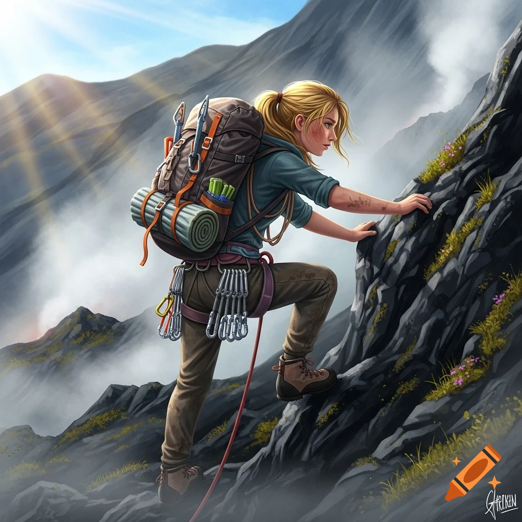 A blonde woman with a backpack and climbing gear scales a rocky mountain face under a sunny sky in a digital art style.