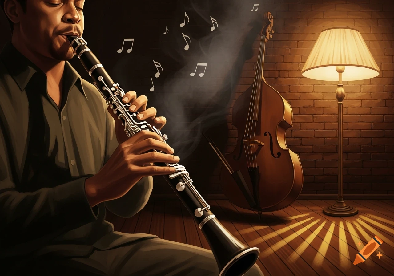 A man plays a clarinet in a dimly lit room with a double bass and a lamp, musical notes float in the air.