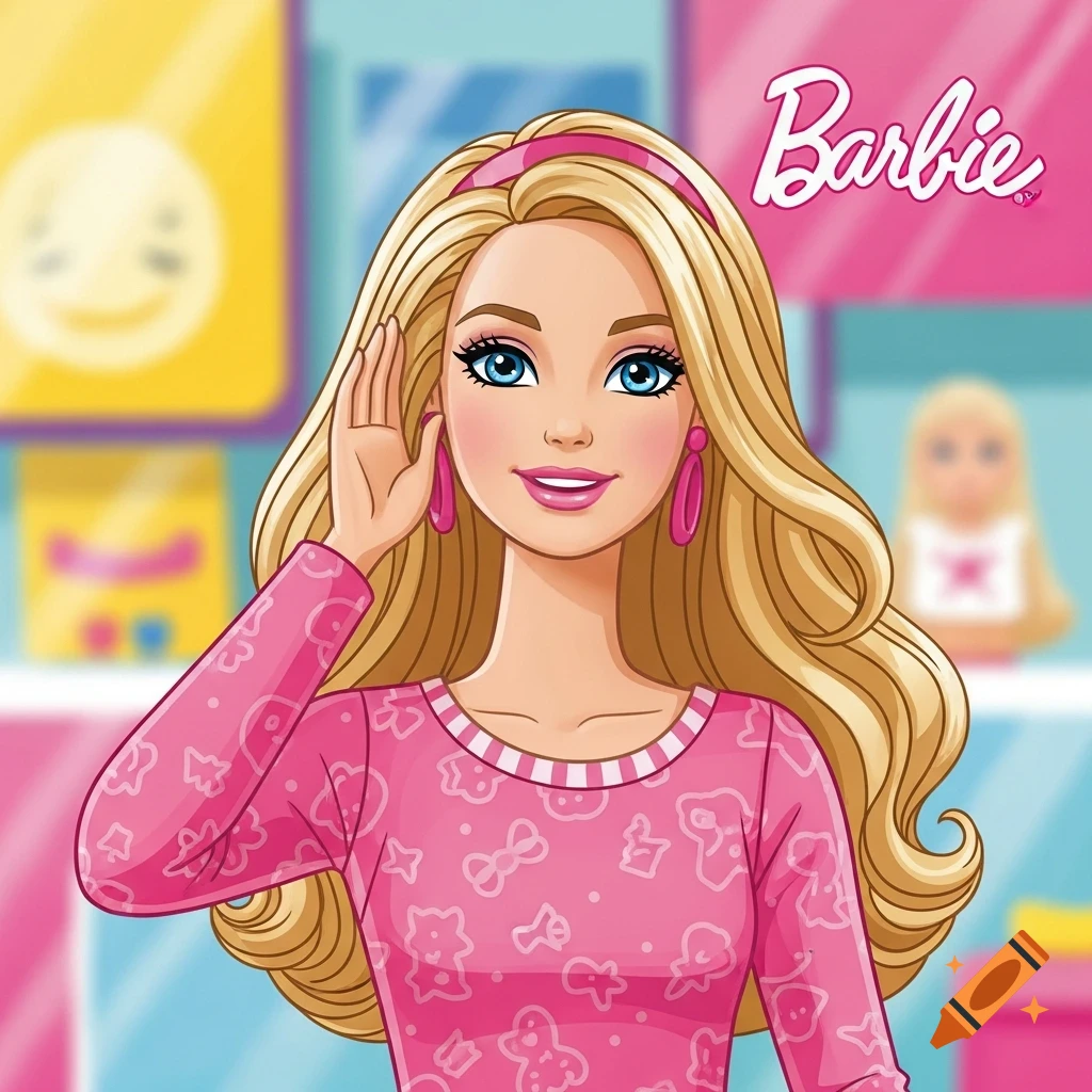 Illustration of a smiling Barbie doll with blonde hair, wearing a pink outfit, with her hand cupped to her ear in an attentive listening pose.