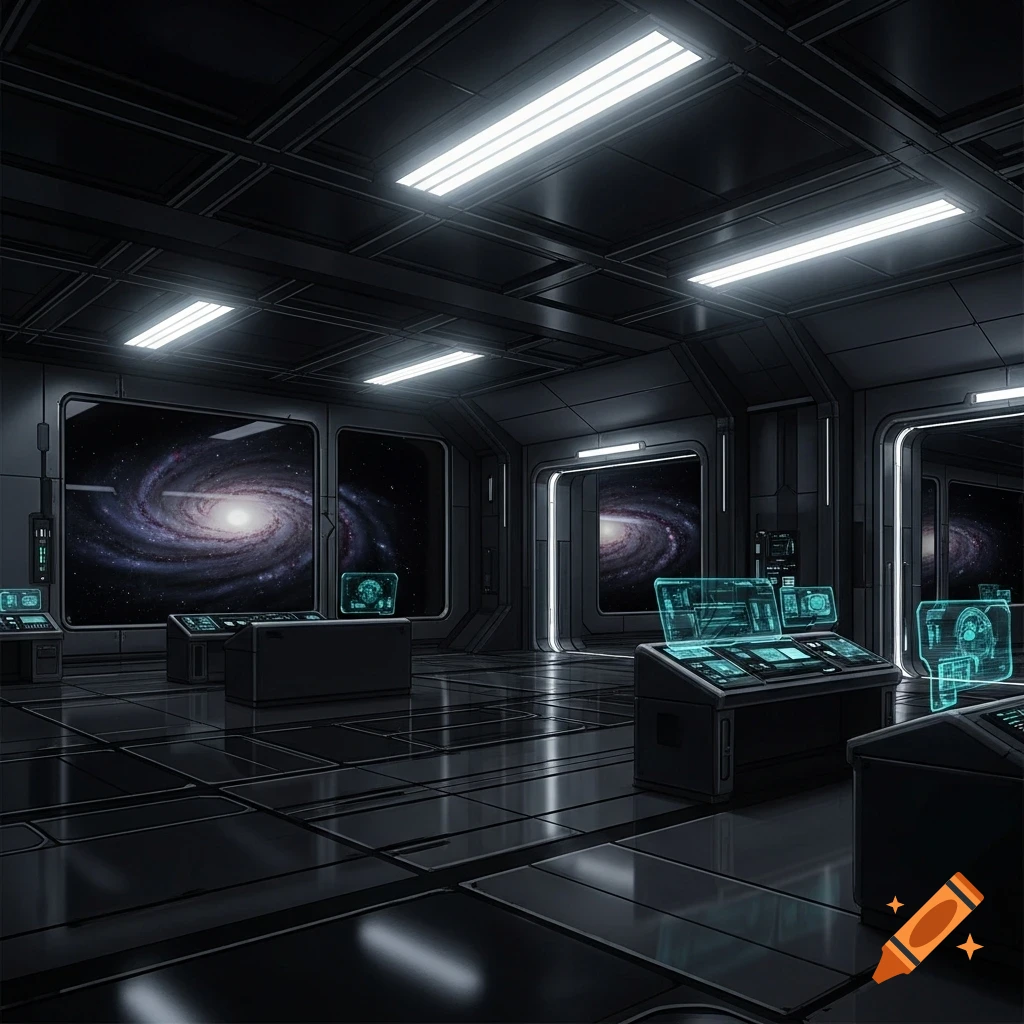 Dark, futuristic spaceship interior with control panels, glowing holographic screens, and large windows revealing a spiral galaxy.