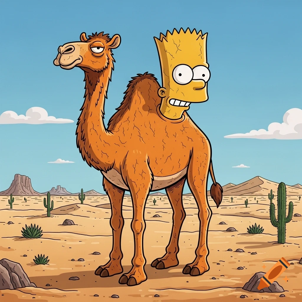 A cartoon camel with Bart Simpson's head stands in a desert landscape with cacti and mountains under a blue sky.