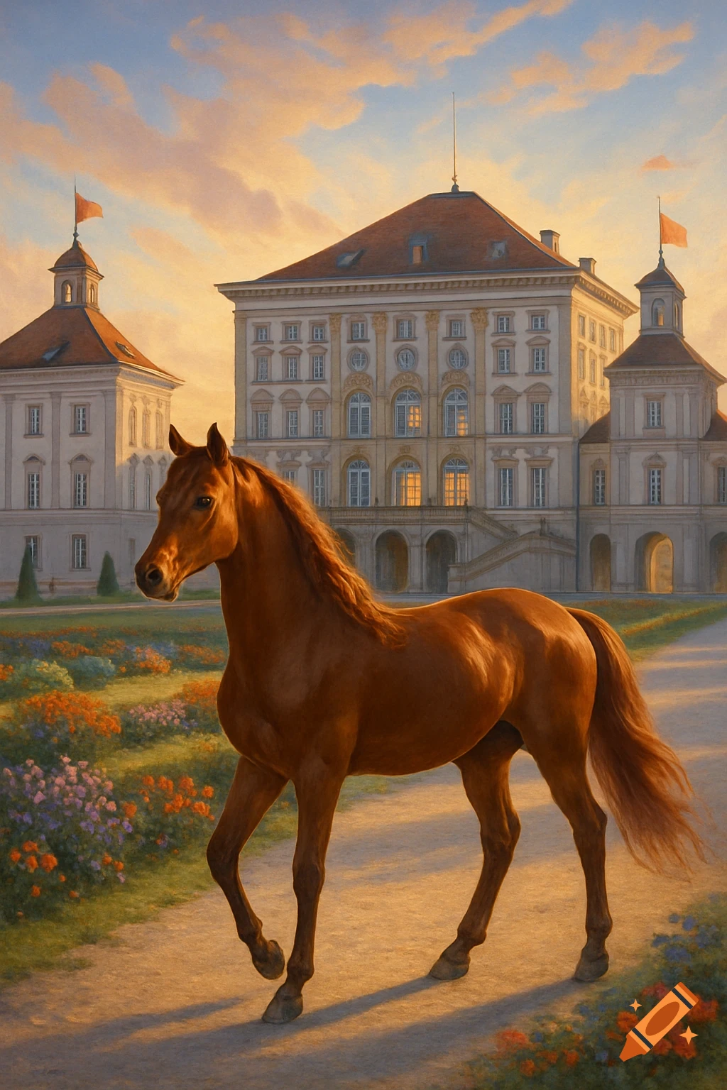 A brown horse walks along a path in front of a grand, classical palace and gardens at sunset, in a painterly style.