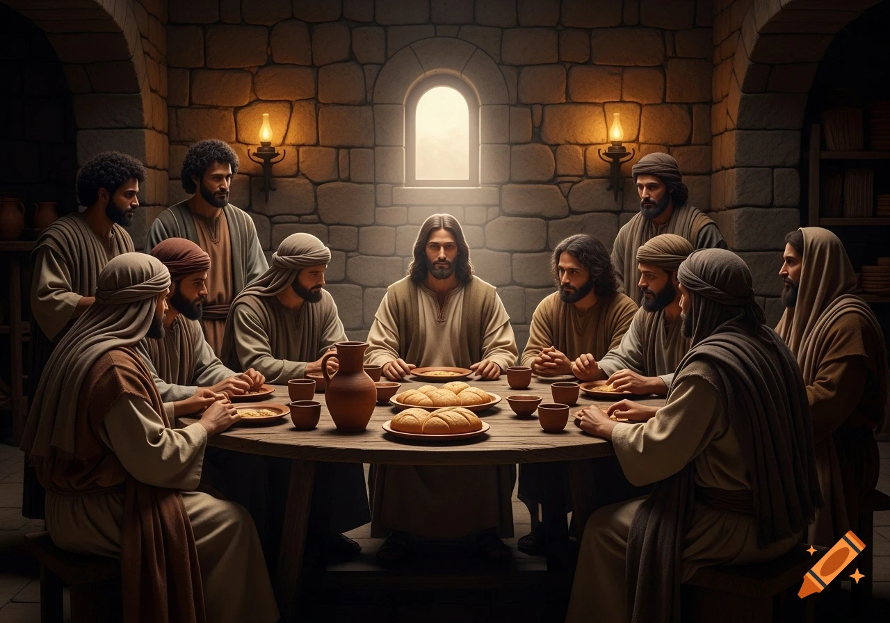 Jesus and his disciples seated around a wooden table sharing a meal in a stone-walled room with arched windows and lanterns, photorealistic.