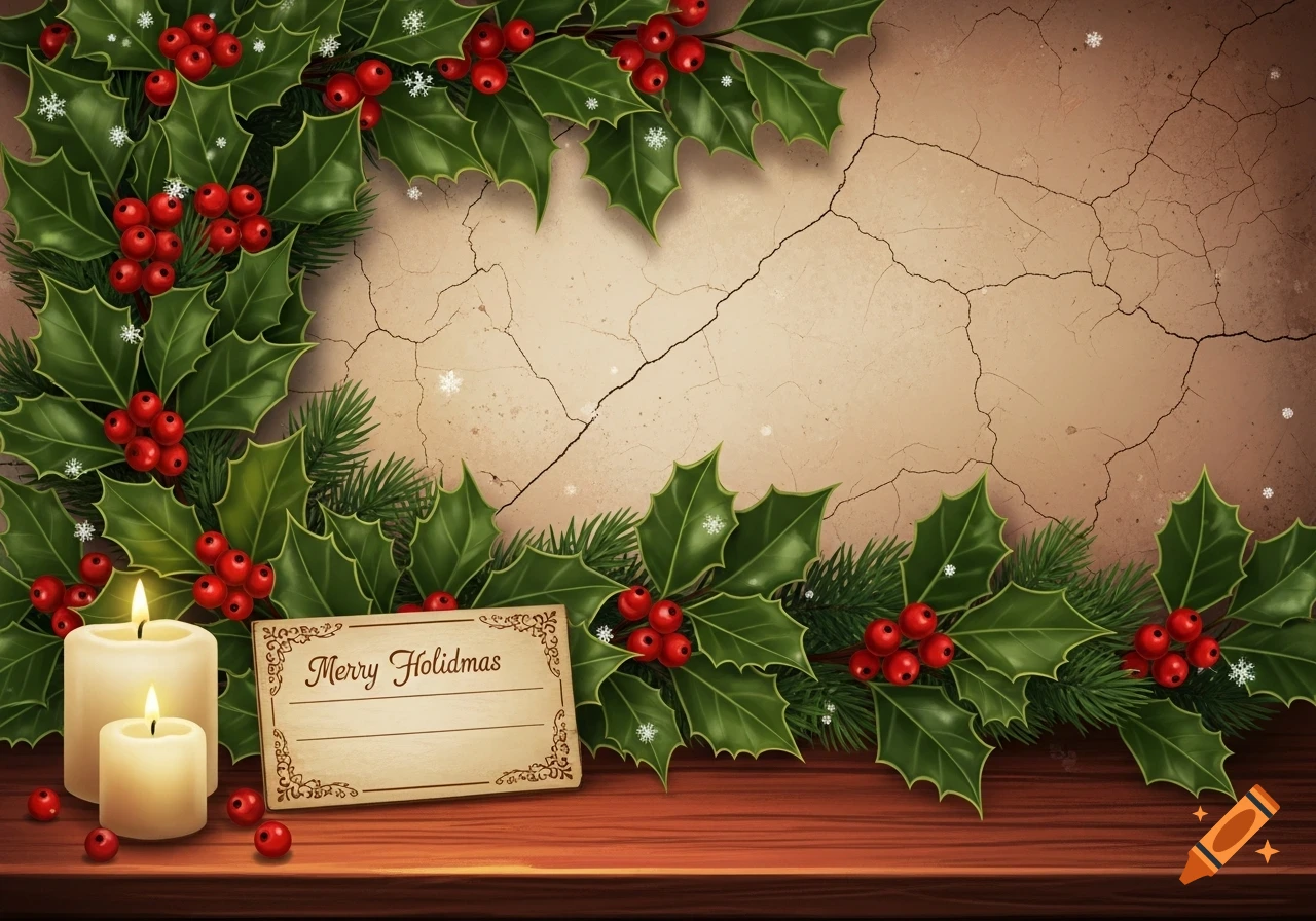 A festive image with green holly and red berries framing a cracked wall background. Two lit candles and a card with "Merry Holidmas" sit on a wooden surface.