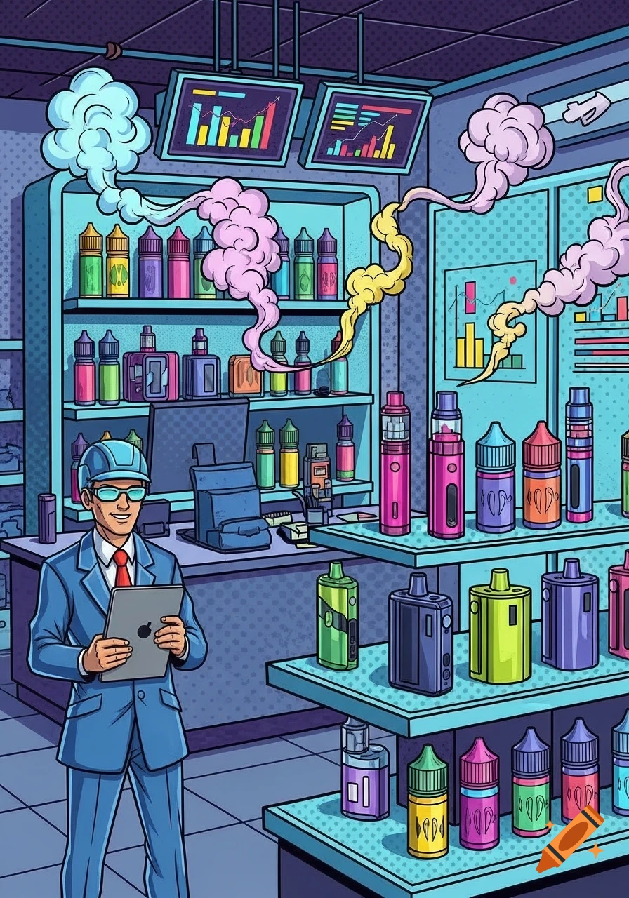 Comic art style illustration of a man with a tablet in a colorful vape shop, filled with various e-liquids and devices.